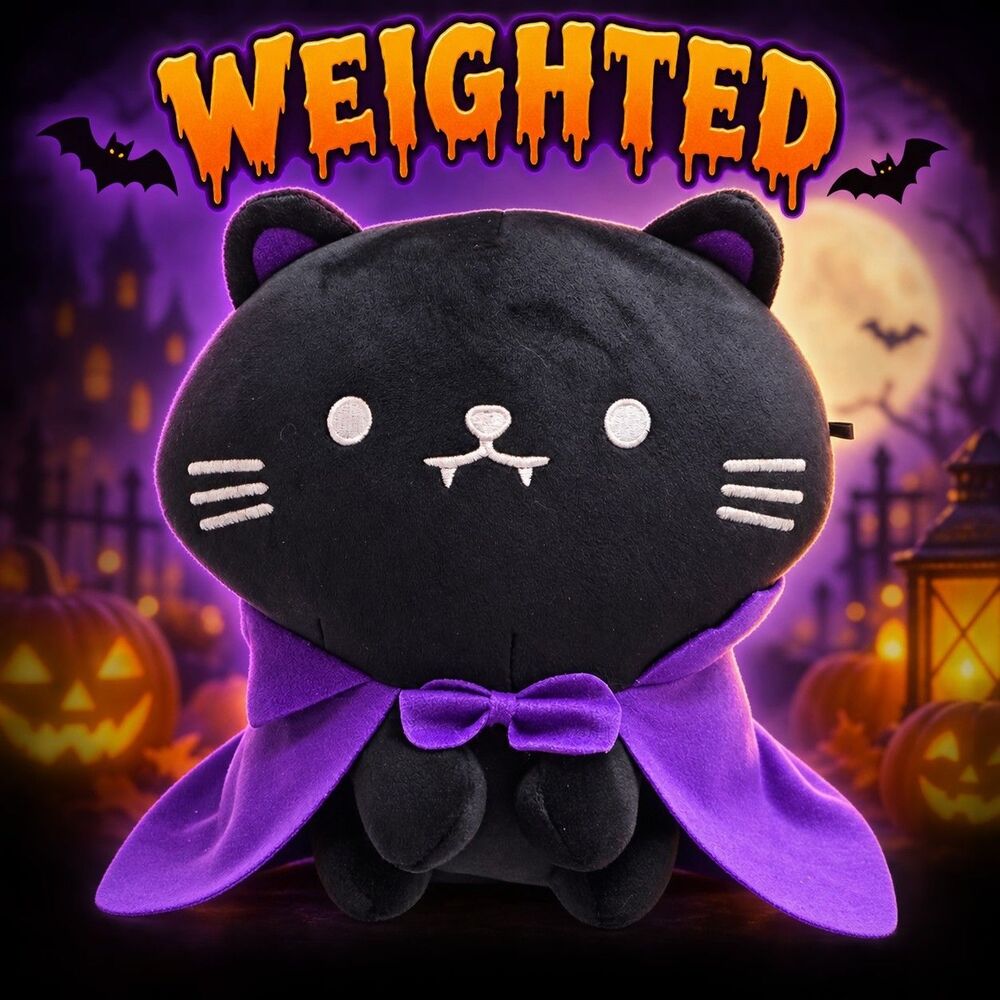 Mimicoco Weighted Vampire Cat Plush Black Purple Halloween Spooky Goth 10"